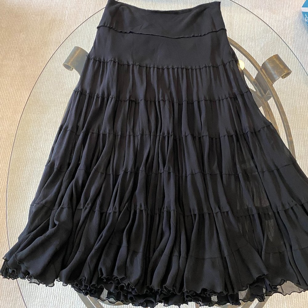 Anne Klein New York - Size 10, 1990's Vintage 100% Silk Black Tiered Maxi Skirt